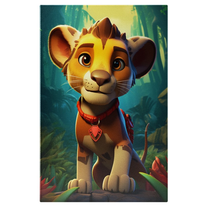 Tablou Canvas: Explorand Taramul Tropical Pui de Leu care Poarta un Pandantiv Rosu Inconjurat de Stanci - Desen Animat Pictura Digitala 40x25CM