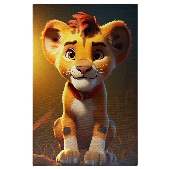 Tablou Canvas: Puiul Inflorind in Savana Leu Jucaus si Curios Exploreaza Peisajul Vast si Deschis - Nota de Culoare Pictura Digitala 60x40CM