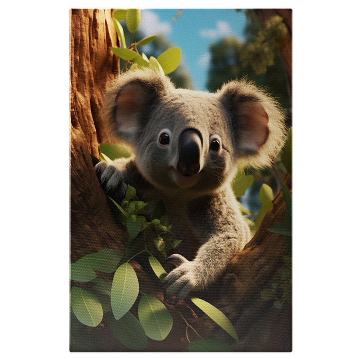 Картина на платно: Наблюдение от сянката Коала се крие зад дърво в зелена естествена рамка Дигитална картина 100x70CM