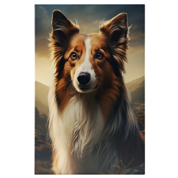 Vászonfestmény: A hegyek kutyamestere Kutyás portré közelről, hegyvidéki környezetben - Connection Dog digitális festmény 40x25cm