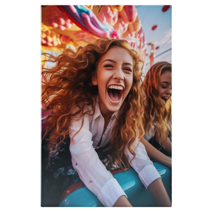 Tablou Canvas: Bucuria Copilariei si a Inocentei Fata in Camasa Alba in Parcul de Distractii se Distreaza Pictura Digitala 100x70CM