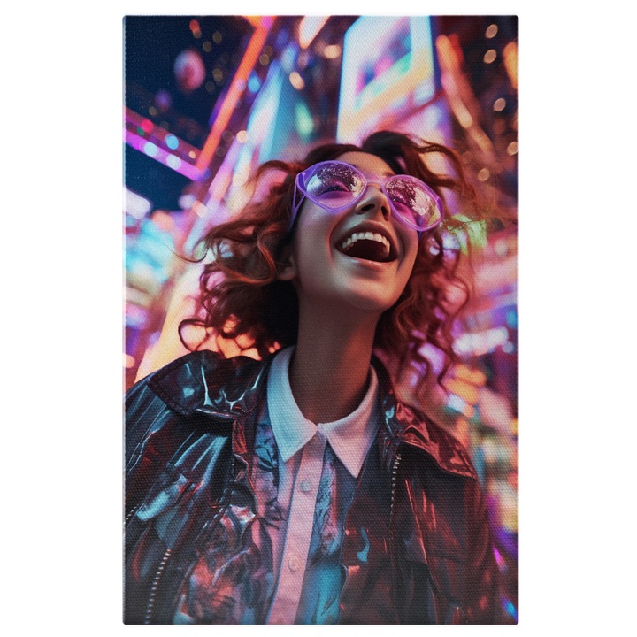 Tablou Canvas: Fericirea Colorata Personaj Feminin cu Zambet Incantator si Ochelari Mov cu Geaca de Piele Pictura Digitala 40x25CM