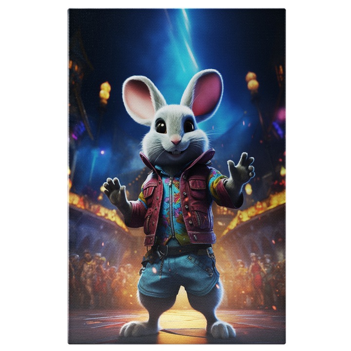 Tablou Canvas: Iepurele Dansator Imbracat Cool pe Ringul de Dans in Mijlocul Oamenilor cu Ochii Mari Pictura Digitala 90x60CM