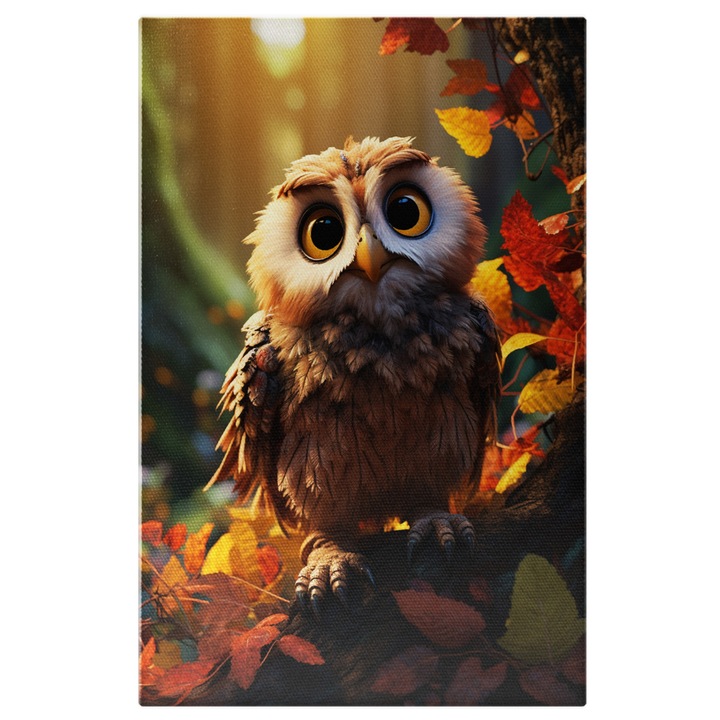 Tablou Canvas: Micuta Bufnita Trista pe o Ramura de Copac si Frunze Colorate de Toamna cu Pene Maronii Pictura Digitala 40x25CM