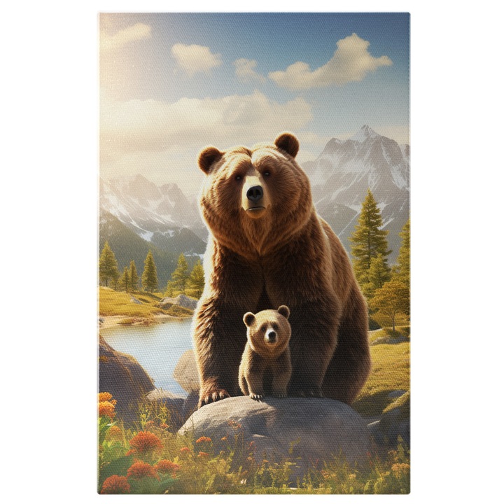 Картина на платно: Малко мече Устройство на бащата Мечка, който стои зад него, за да внимава за ловци и други животни Дигитална картина 100x70CM