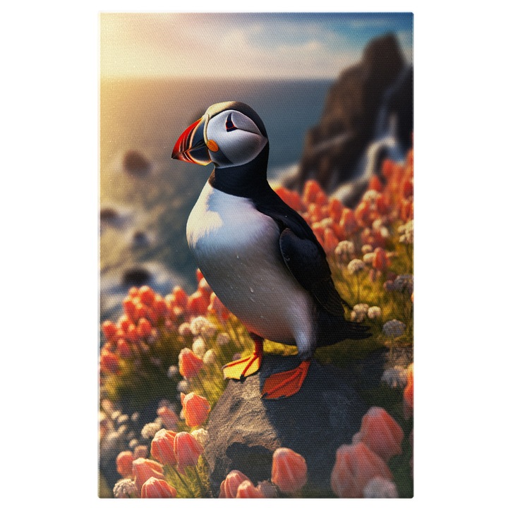 Tablou Canvas: Papagal de Mare, Pasare din Familia Pinguinilor cu Ciocul si Ochii Colorati pe Pamant Inflorit Pictura Digitala 60x40CM