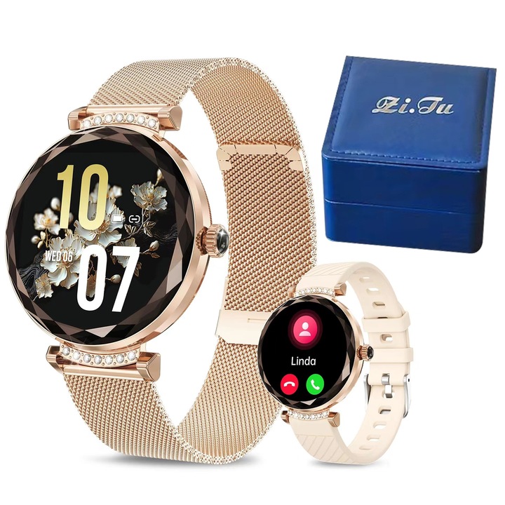 SmartWatch и фитнес гривна ZAI.TU 2в1 водоустойчив FULL Touch Фитнес тракер Мониторинг на сърдечен ритъм и кръвно налягане Оксиметър Обаждане и медии Румънски език златист цвят