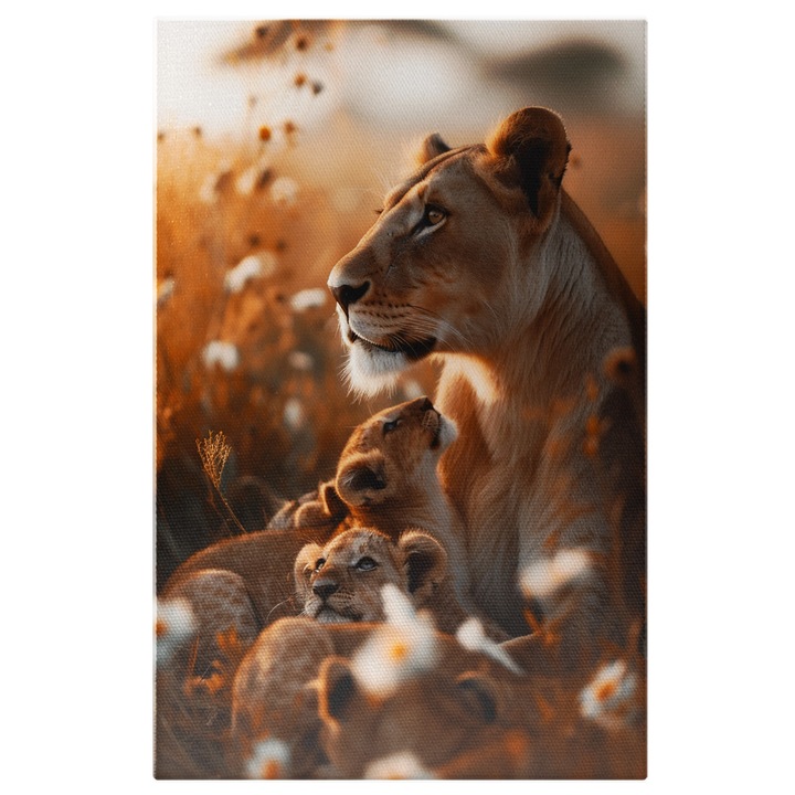 Tablou Canvas: Mother Lion and two Baby Lion, Micii Lei si Mama lor se Relaxeaza in Liniste, Iubire de Mama Pictura Digitala 60x40CM