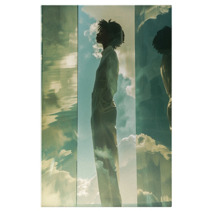 Картина на платно: Огледално отражение на живота Креолска жена, гледаща в двойно огледало с небе и облаци зад Дигитална картина 100x70CM