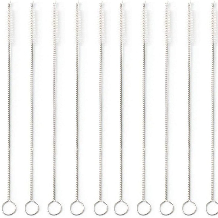 Set 10 Perii de Curatare pentru Paie Reutilizabile, Nylon, Inox, 20cm, Multifunctionale