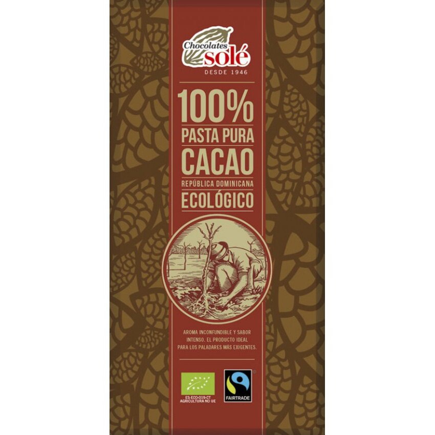 Ciocolata neagra bio 100% cacao, 90g Chocolates Sole