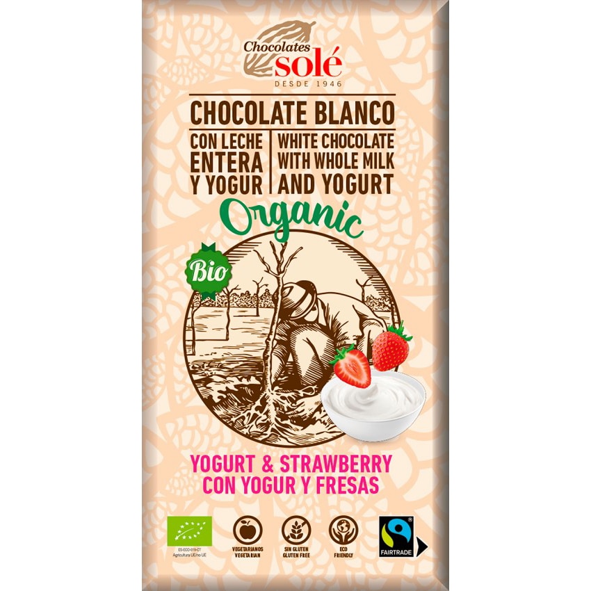 Ciocolata alba bio cu iaurt si capsuni, 100g Chocolates Sole