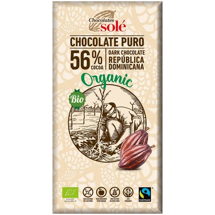 Ciocolata neagra bio 56% cacao, 100g Chocolates Sole