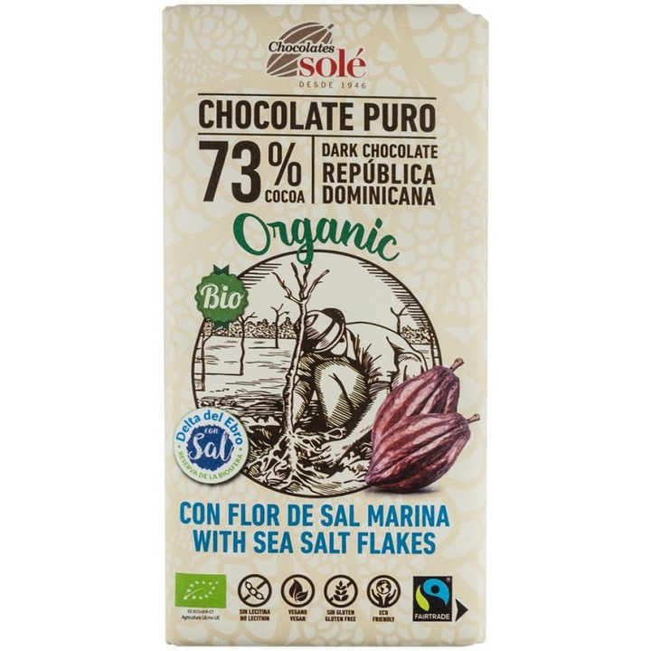 Органичен и справедлива търговия тъмен шоколад 73% какао с Fleur de sel, 100g Chocolates Sole