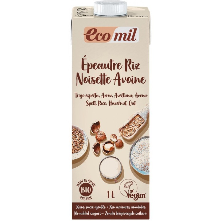 Bautura vegetala bio din grau, orez, ovaz si alune, fara adaos de zahar, 1000ml Ecomil