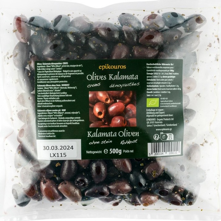 Masline kalamata bio, crude, fara samburi, 500g Epikouros
