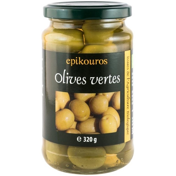 Masline verzi bio cu samburi in saramura, 320g Epikouros