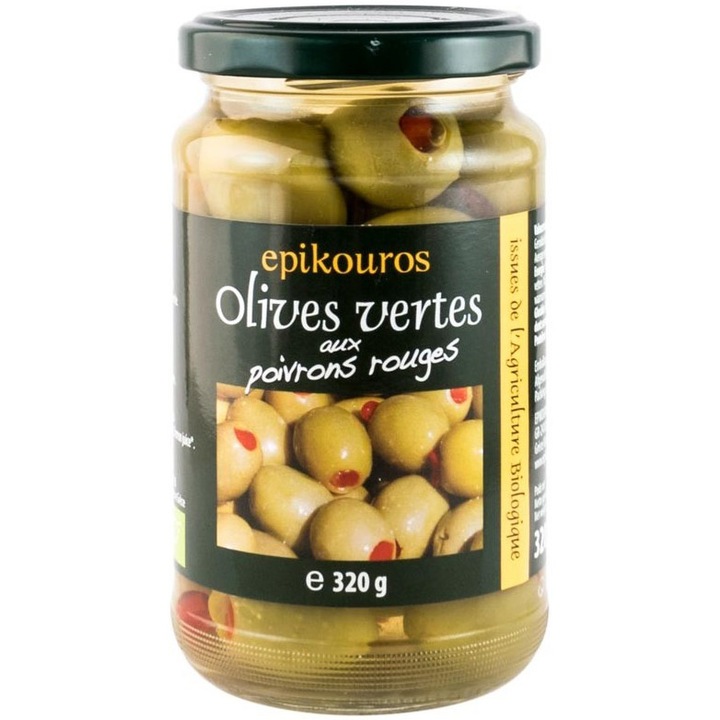Masline verzi bio umplute cu ardei rosu, in saramura, 320g Epikouros