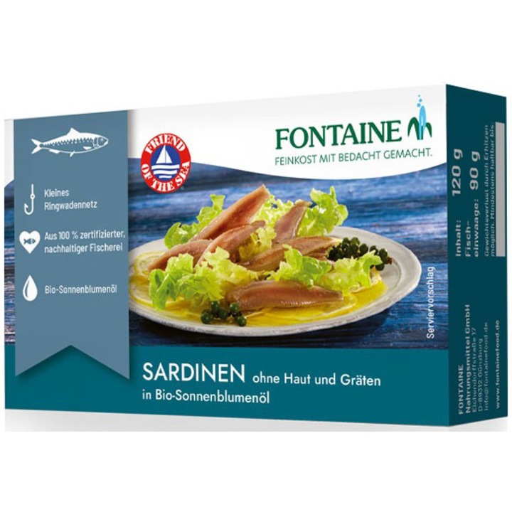 Sardine fara piele si fara oase, in ulei bio de floarea soarelui, 120g Fontaine