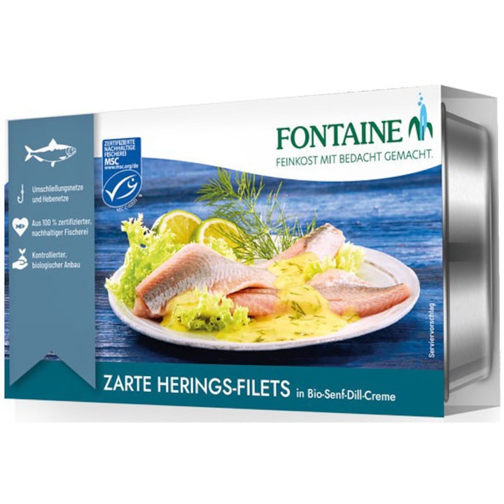 File de hering fraged in sos bio cu mustar si marar, 200g Fontaine