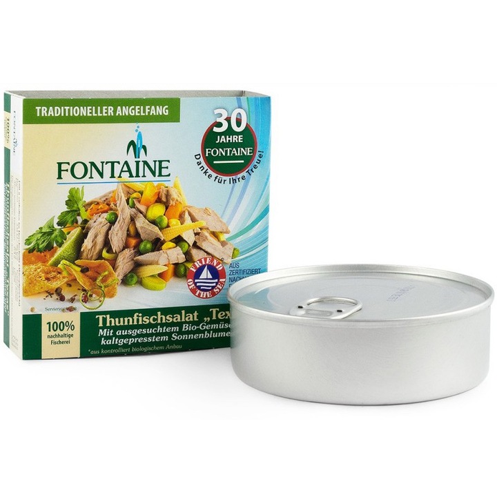 Salata de ton Texas cu legume bio si ulei de floarea soarelui presat la rece, 200g Fontaine