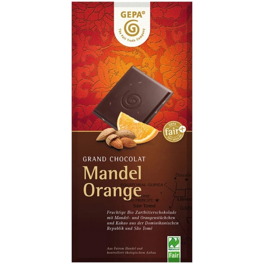 Ciocolata bio amaruie cu migdale si portocale, 100g Gepa