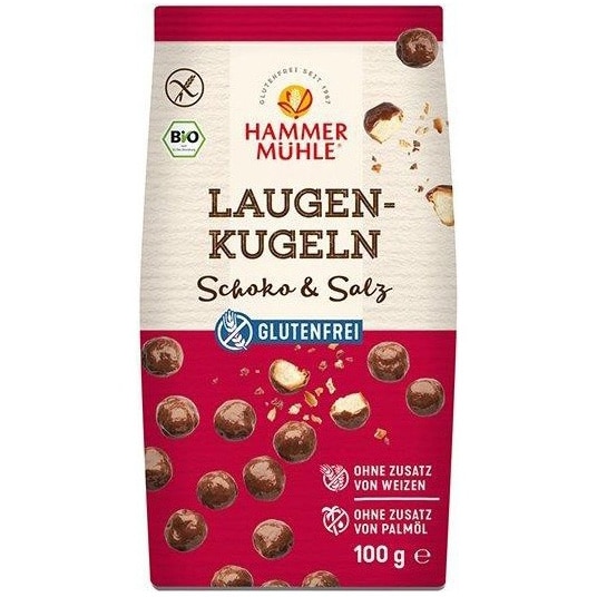 Bilute bio fara gluten, din aluat de Bretzel, trase in ciocolata cu lapte si sare, 100g Hammer Muhle