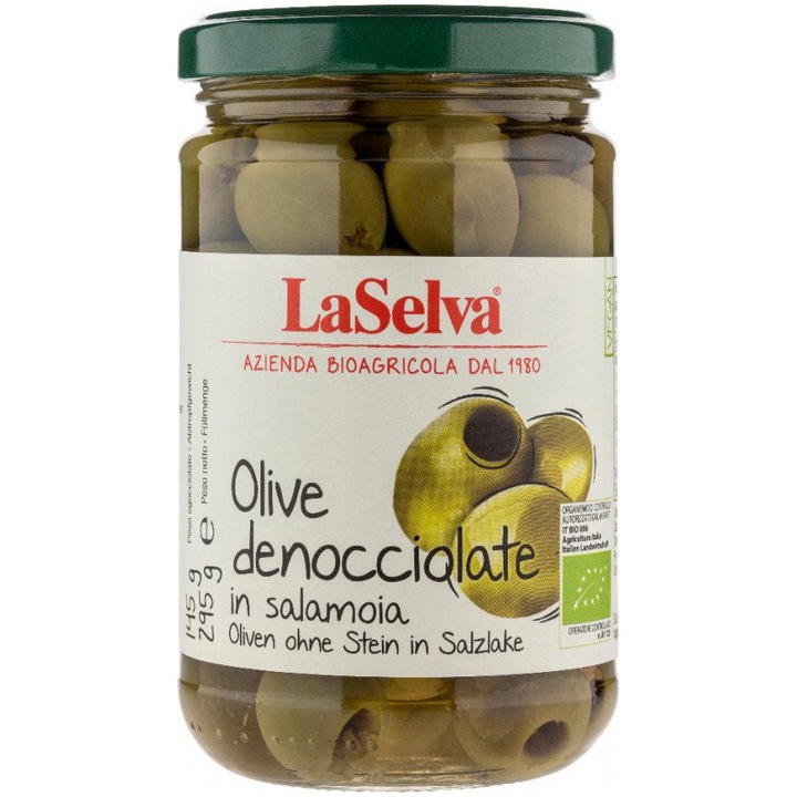 Masline verzi bio fara samburi în saramura, 295g LaSelva