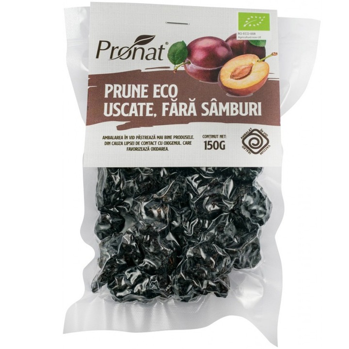 Prune bio uscate, fara samburi, 150g Pronat