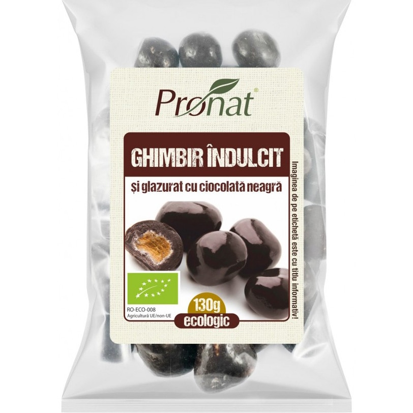 Ghimbir bio indulcit si glazurat cu ciocolata neagra, 130g, Pronat
