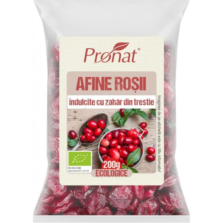Afine rosii bio indulcite cu zahar din trestie, 200g Pronat