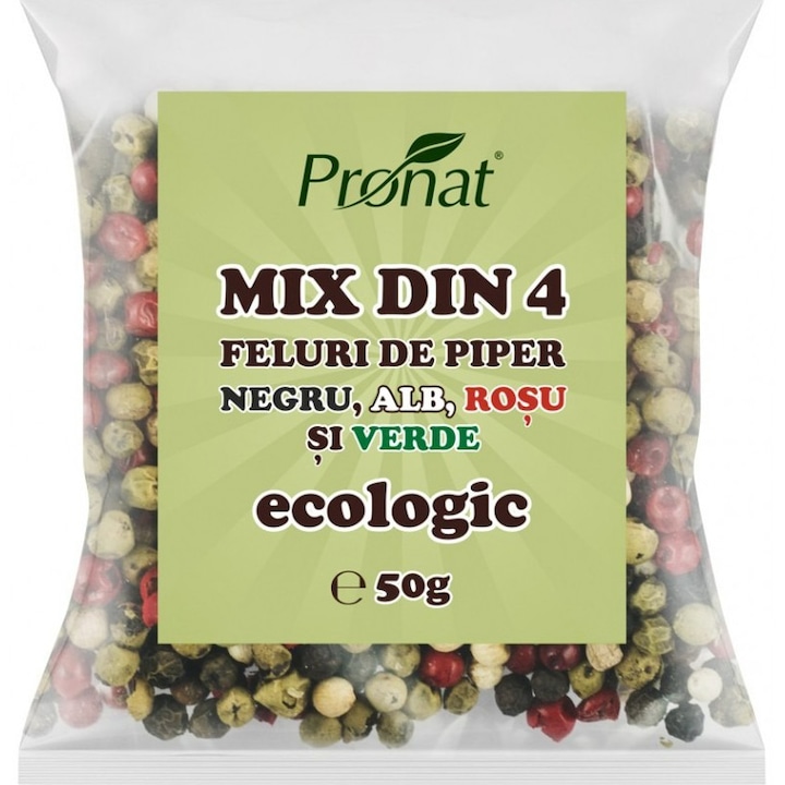 Mix din 4 feluri de piper bio negru, alb, rosu si verde, 50g Pronat