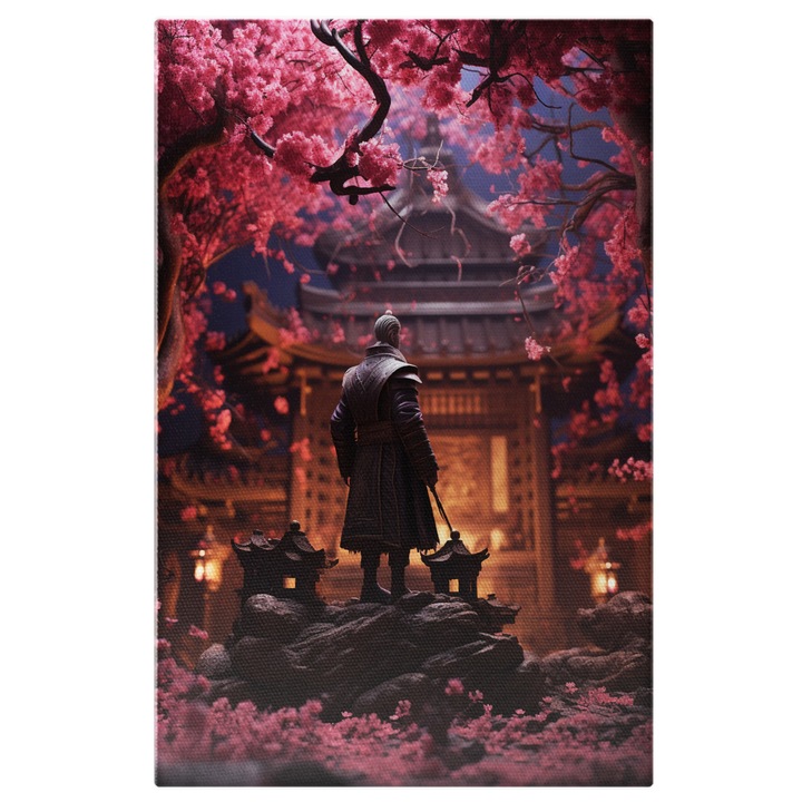 Tablou Canvas: Samurai Batran cu Parul Carunt intr-un Oras Japonez Incercuit de Multe Flori Roz Pictura Digitala 70x50CM