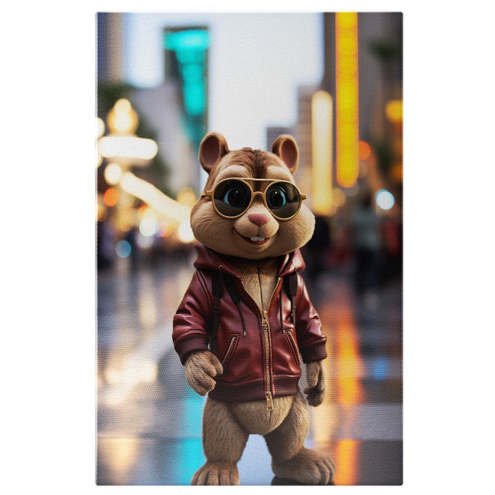 Tablou Canvas: Cool Veverita cu Ochelari de Soare Negrii si Rama Galbena in Geaca de Piele Rosie Pictura Digitala 90x60CM