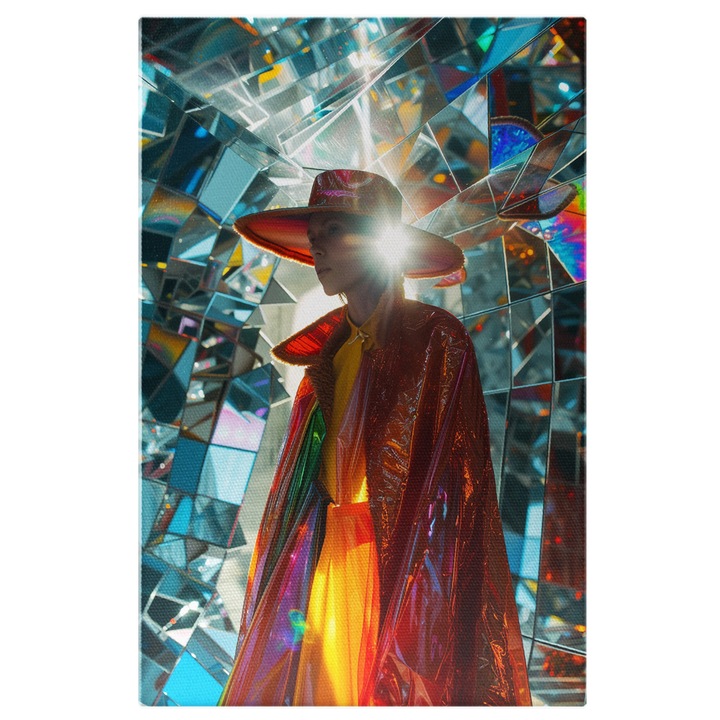 Tablou Canvas: Camera de Oglinzi, Femeie cu Palarie Portocalie si Costum Colorat in Fata Oglinzilor Pictura Digitala 90x60CM