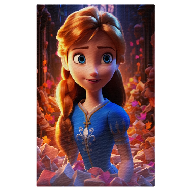 Tablou Canvas: Personaj din Disney, Printesa cu Ochii Albastri si Rochie cu Parul Roscat in Castelul de Flori Pictura Digitala 60x40CM