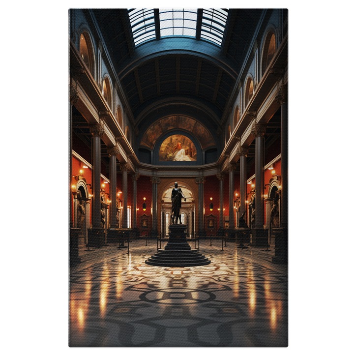 Tablou Canvas: Statuia Pretioasa din Camera Intunecata, Multe Statui Imprejur si Peretii Rosii cu Tavan Albastru Pictura Digitala 90x60CM