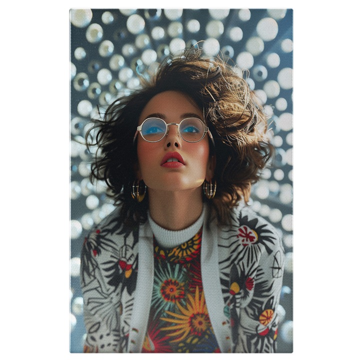 Tablou Canvas: Femeie cu Ochelari si Cercei in Ureche cu Parul Scurt Voluminos si Bluza Colorata Pictura Digitala 60x40CM