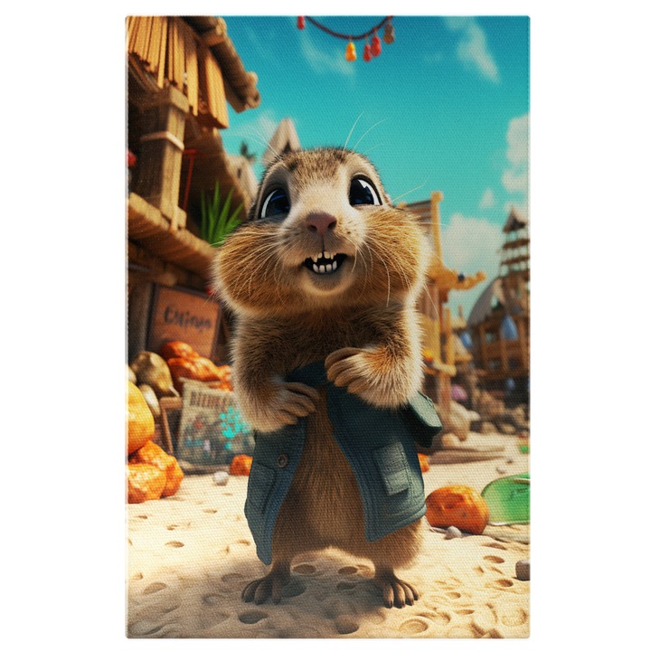 Tablou Canvas: Animalutul Disney cu Privire Speriata si Ochii Mari imbracat in Albastru-Verzui pe Plaja Pictura Digitala 70x50CM