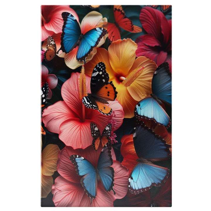 Tablou Canvas: Florile Colorate pe care se Aseaza Minunile Naturii, Fluturasii Albastri si Portocali Pictura Digitala 40x25CM