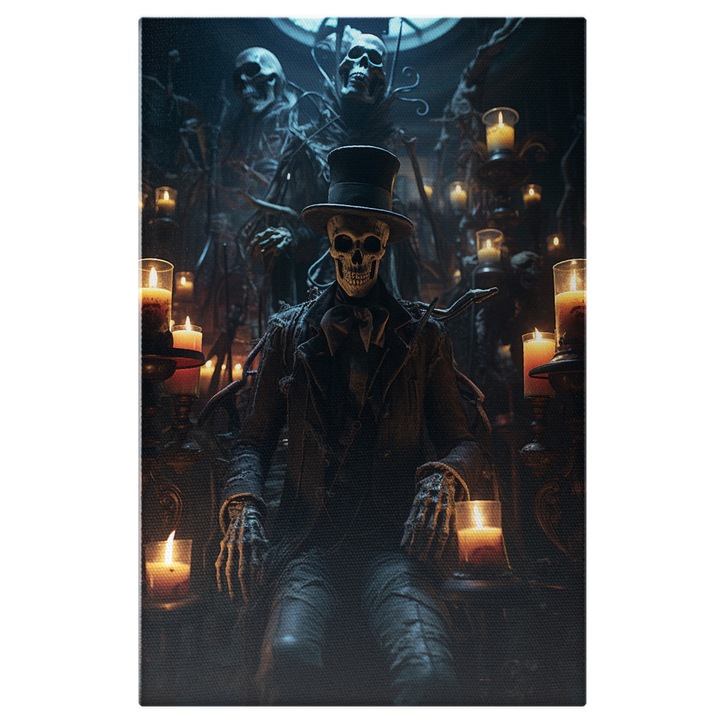 Tablou Canvas: Schelet imbracat in Costum cu Palarie Neagra inconjurat de Lumanari Camera Sinistra Pictura Digitala 40x25CM