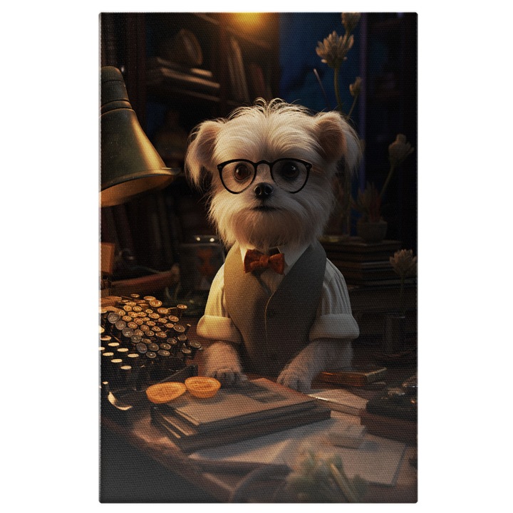 Tablou Canvas: Puppy Cute, Catelus cu Blana Alba cu Vesta Gri si Papion Rosu in Camera unde Scrie Carti Pictura Digitala 40x25CM