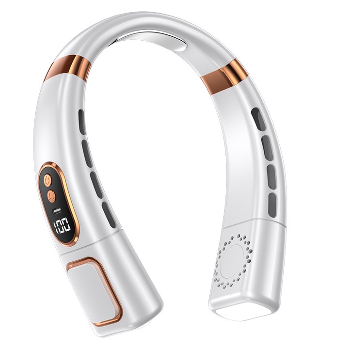 Преносим вентилатор за врата, 5 скорости, USB зареждане, интелигентен енергиен дисплей, околна светлина, многоцветен