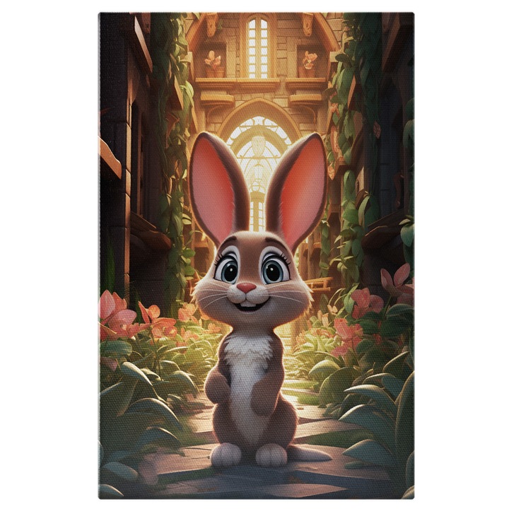 Tablou Canvas: Gradina Botanica cu Floricele Roz in Camera sta Iepurasul Fericit si Admira Plantele Pictura Digitala 100x70CM