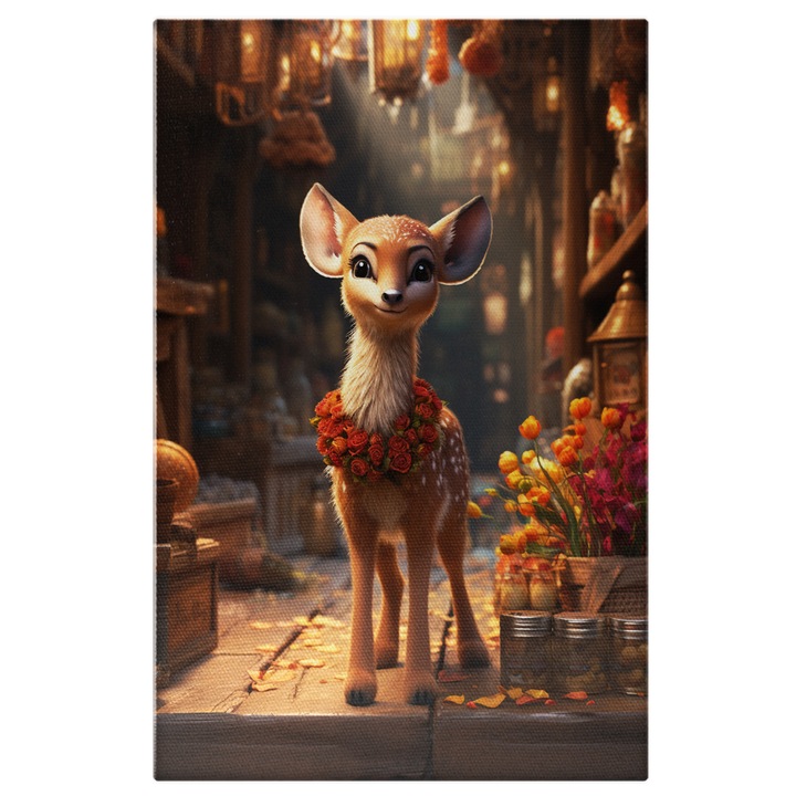 Tablou Canvas: Sweet Bambi cu un Colier de Trandafiri Rosii si Chipul Sclipitor in Camera cu Flori Pictura Digitala 40x25CM