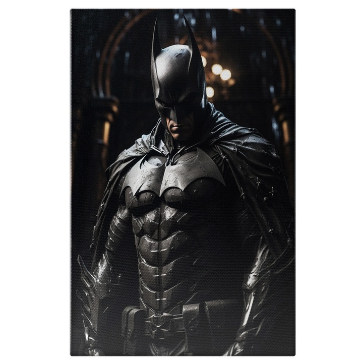 Tablou Canvas: Supererou Batman cu Masca Neagra pe Fata si Pelerina in Costum Negru cu Privire Fioroasa Pictura Digitala 40x25CM