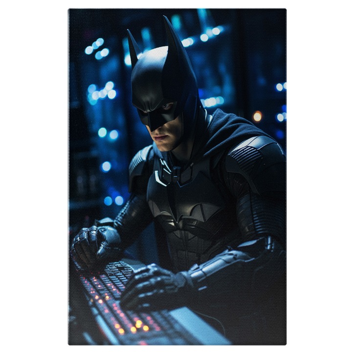 Tablou Canvas: Batman Lucrand pe Calculator Concentrat intr-o Camera Intunecata cu Manusi pe Mana Pictura Digitala 40x25CM