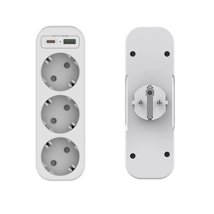 Контакти JESWO, 3 x Европейски стандартни контакти, 1 x USB порт, 1 x USB-C порт, интелигентно зареждане, вертикално, бял