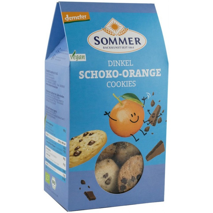 Biscuiti bio din grau spelta cu ciocolata amaruie si ulei de portocale, demeter, 150g Sommer