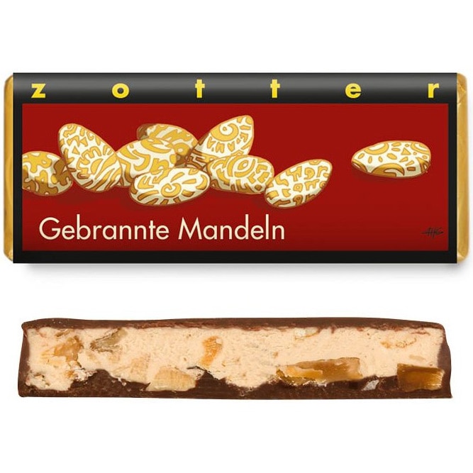 Bio + fair ciocolata neagra cu lapte, cu umplutura de nuga de migdale si migdale caramelizate, 70g Zotter